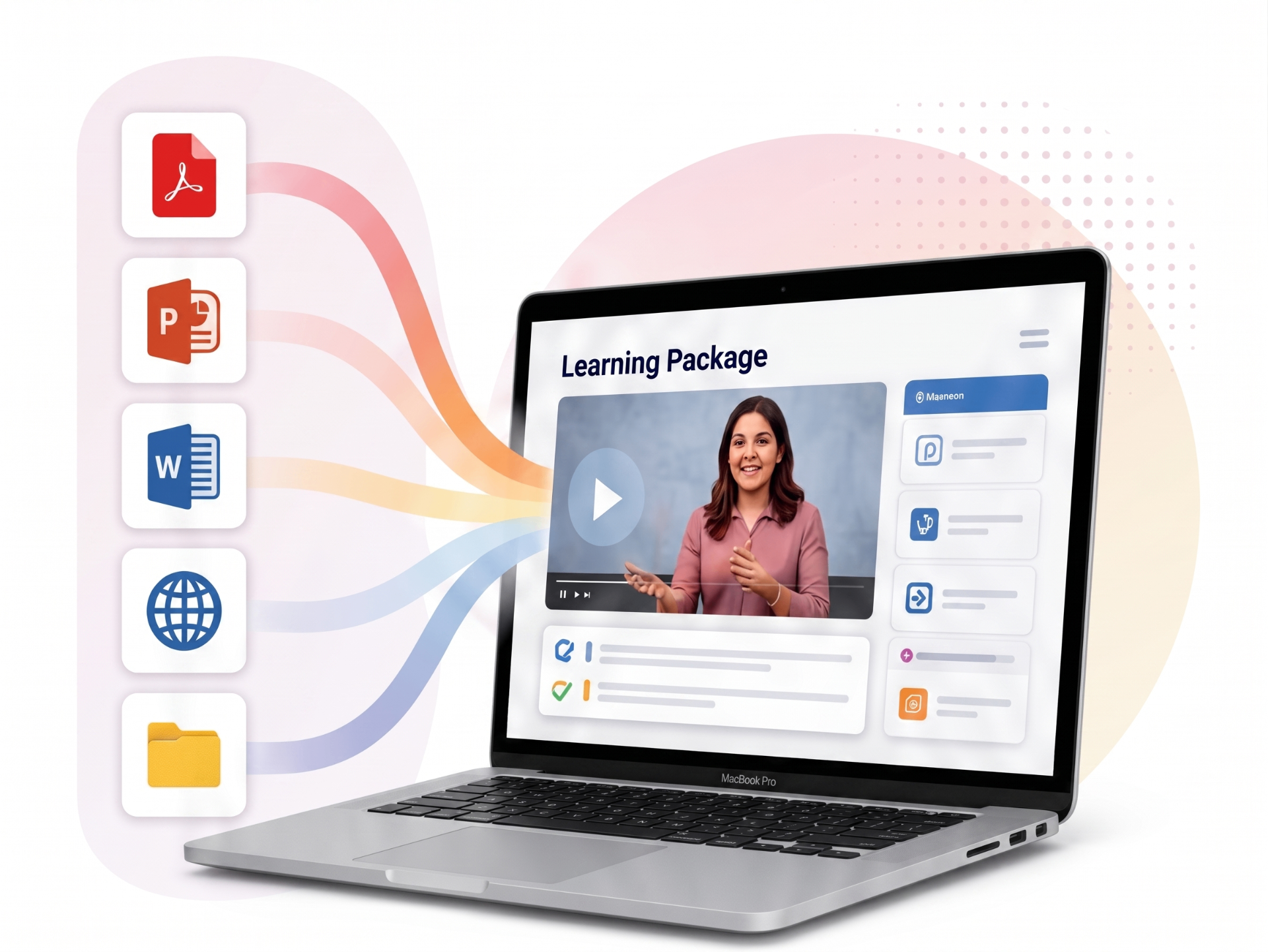 Documents transforming into a finished interactive learning package