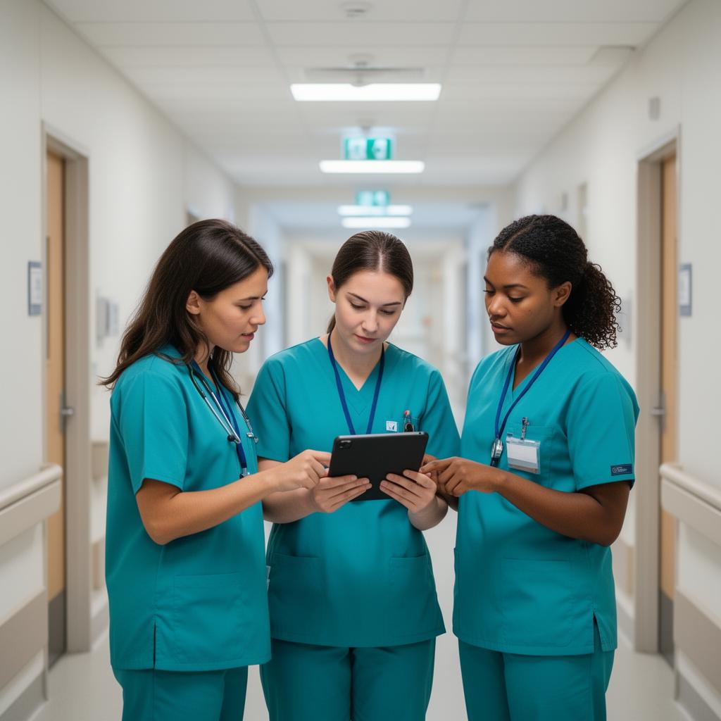 Nurses in scrubs reviewing training on a tablet in a hospital corridor
