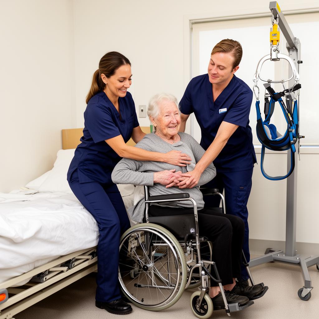 Two carers demonstrating proper team-lift technique with a hoist nearby