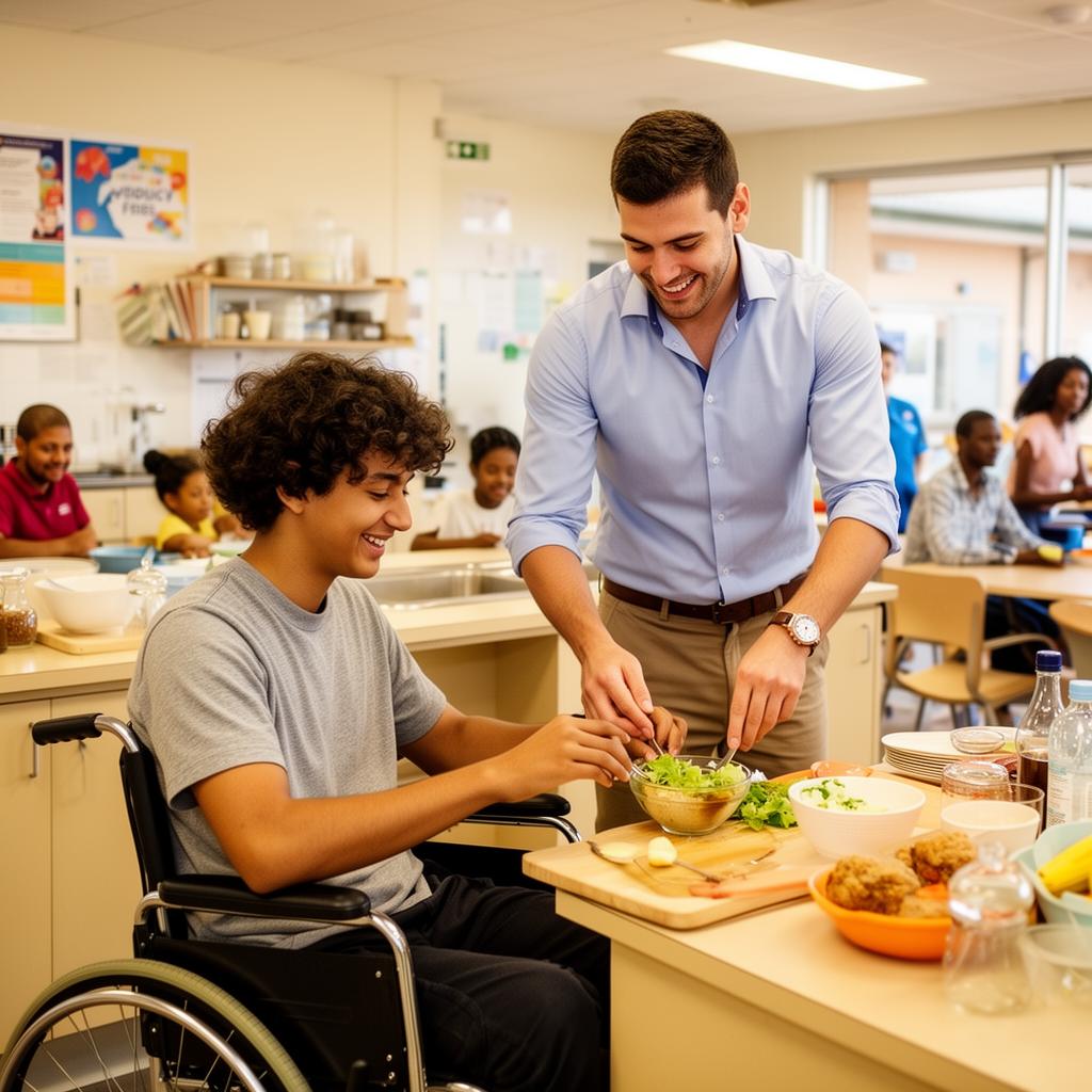 NDIS support worker assisting a young adult wheelchair user preparing a meal